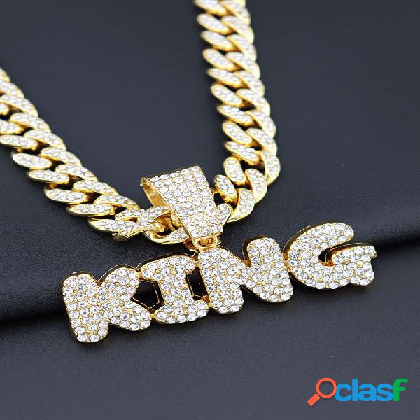 Colar de diamantes em liga de hip hop KING com corrente