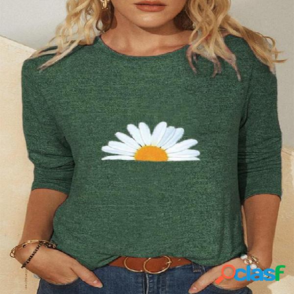 Dasiy Print Crew Neck mangas compridas Tee