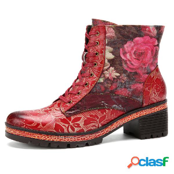 Socofy Retro Floral Print Couro Patchwork Side-Zip Comfy