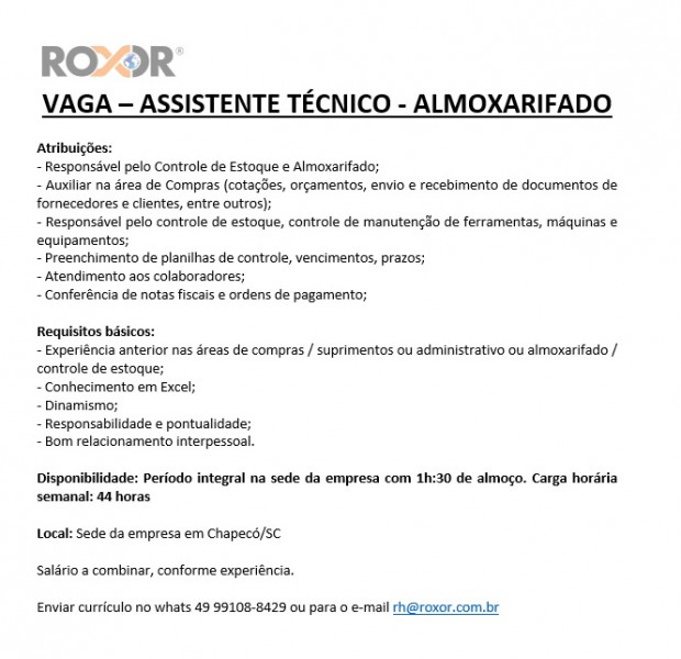 Vaga - Assistente Técnico - Almoxarifado