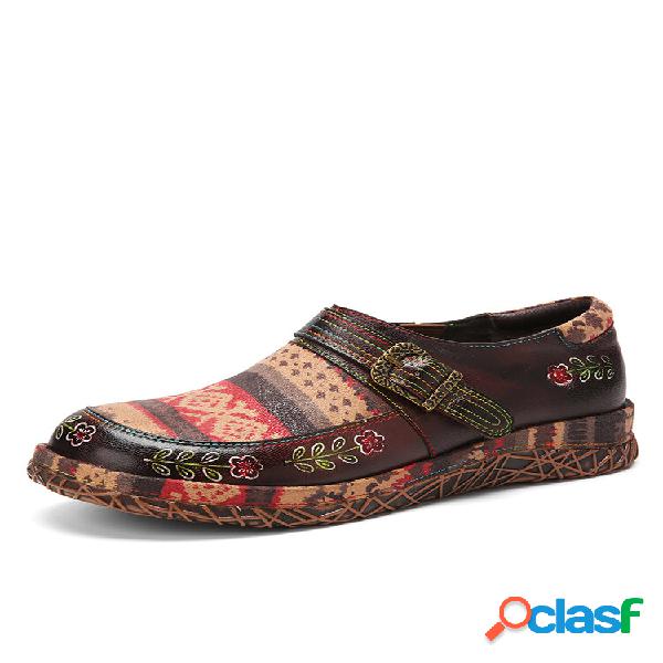 Sapatos baixos Socofy Couro Genuíno Patchwork Feito à Mão