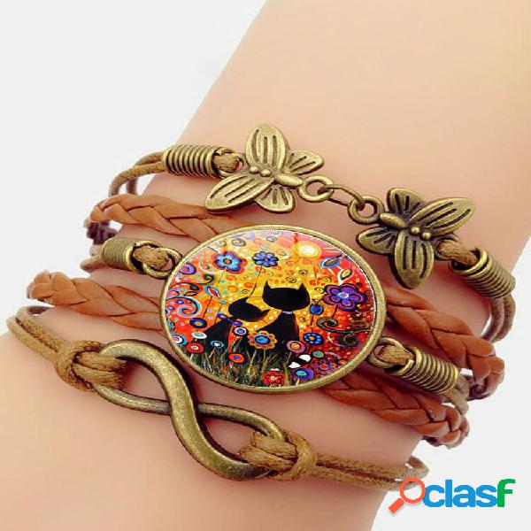 Vintage impresso Black Cat Flower Women Pulseira
