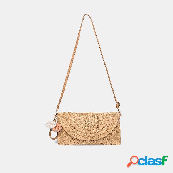 Feminino Fluffy Ball Flap Crossbody Bolsa Palha Bolsa Ombro