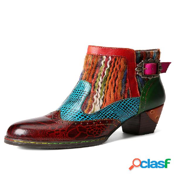 Socofy Casual Color Block Couro Patchwork Lã Zíper Lateral