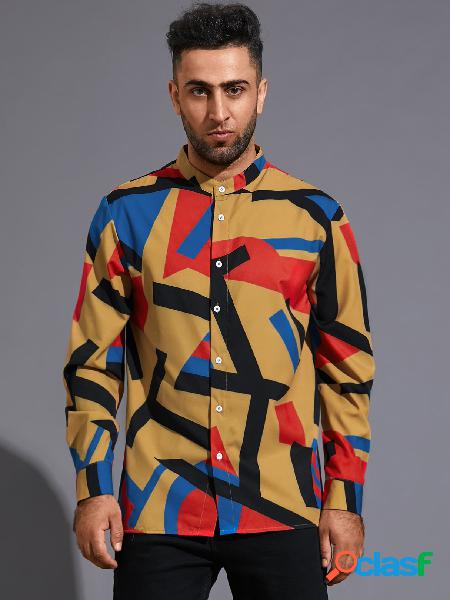 Homem Casual Geométrico Cor Bloco Estampado Manga Longa
