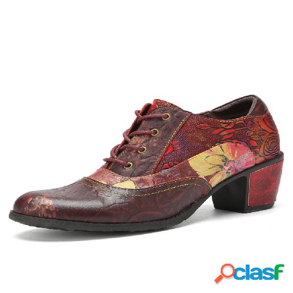 Socofy Couro Genuíno Retro floral com cadarço confortável