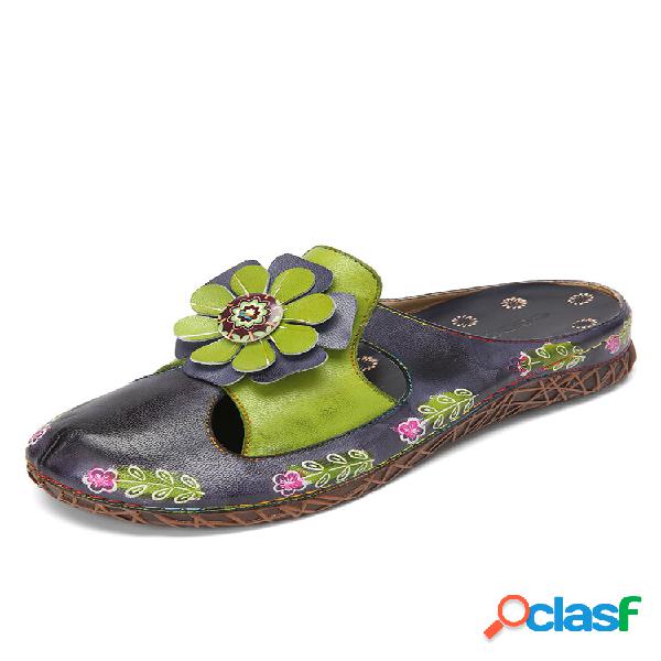 Socofy Couro Genuíno Hand Made Retro Étnico Floral