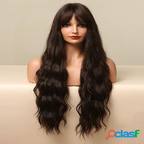 Natural Castanho Escuro Longo Água Ondulado Cabelo Com
