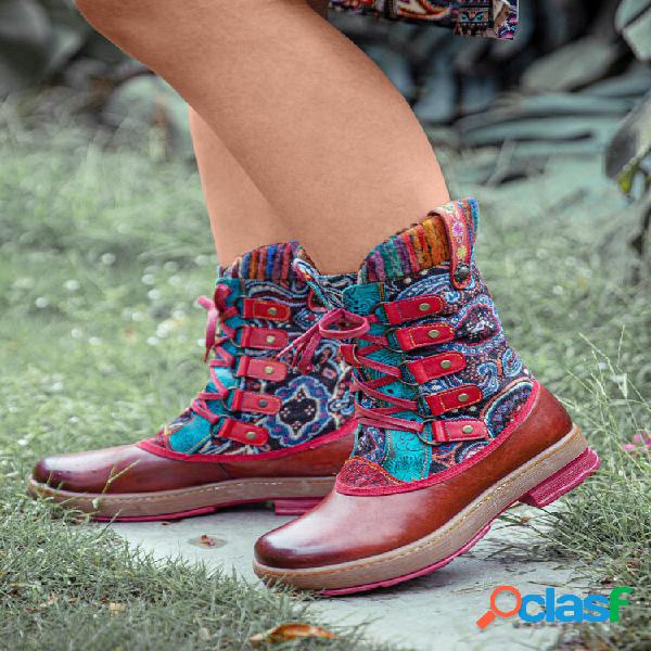 Socofy Retro Ethnic Padrão Couro Patchwork Woolen Lace-up