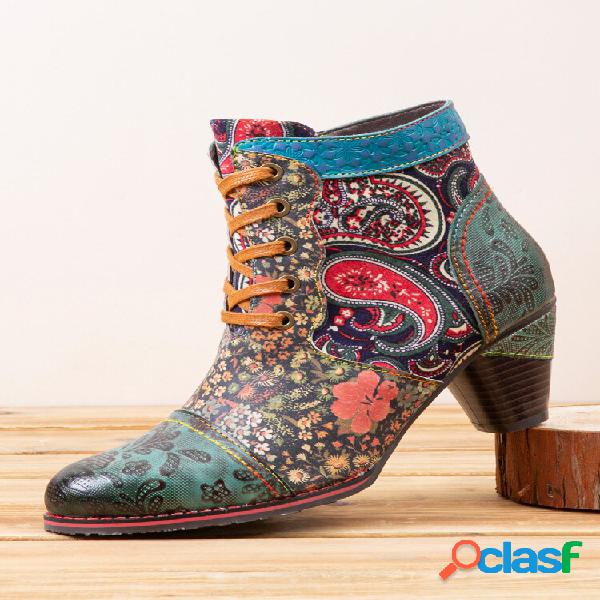 Socofy Retro Paisley Padrão Couro Patchwork Lace-up Design