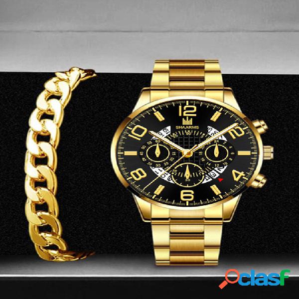 2 Pcs/Set Alloy Men Casual Round Big Dial Watch Decorated
