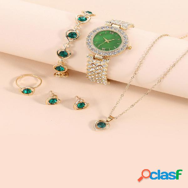 5 Pcs/Set Alloy Rhinestone Women Casual Watch Decorated