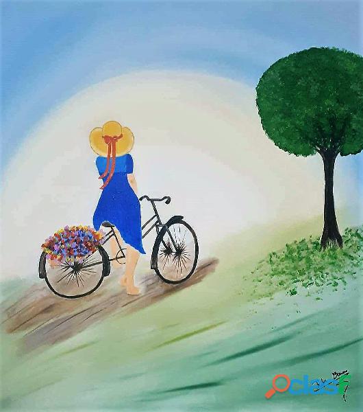 Quadro Romântico Moça na Bicicleta, Pintado a mão, tam.