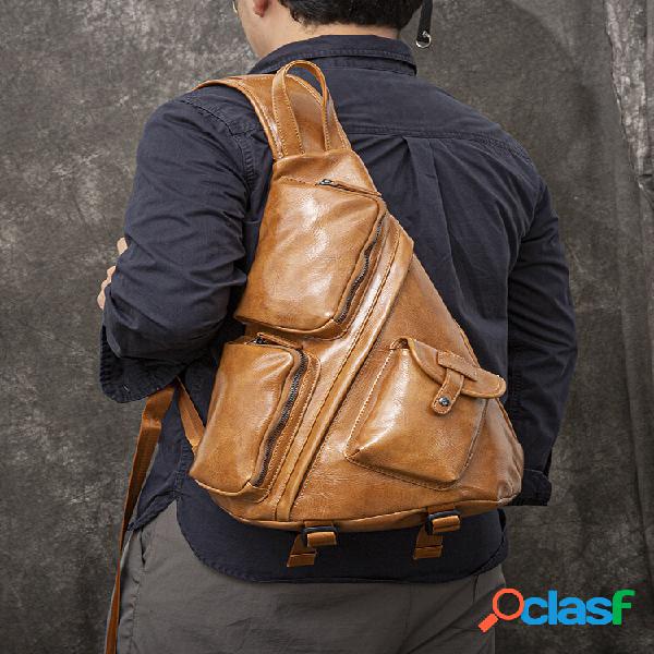 Men's Triangle Chest Bag Retro Pu Leather Shoulder Slung Bag