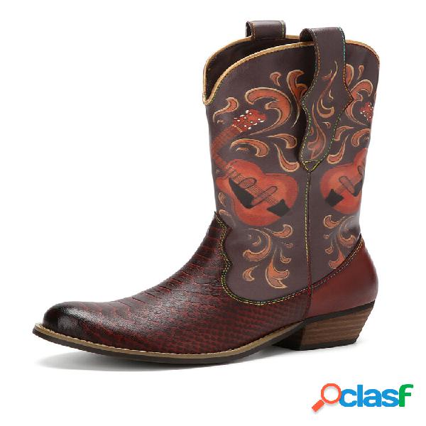 Socofy Casual Retro Guitar Print Leather Patchwork Soft