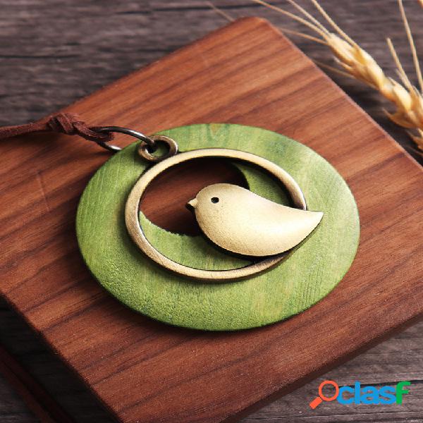 Vintage Alloy Bird Round Wood Plate Pendant Necklaces Cute