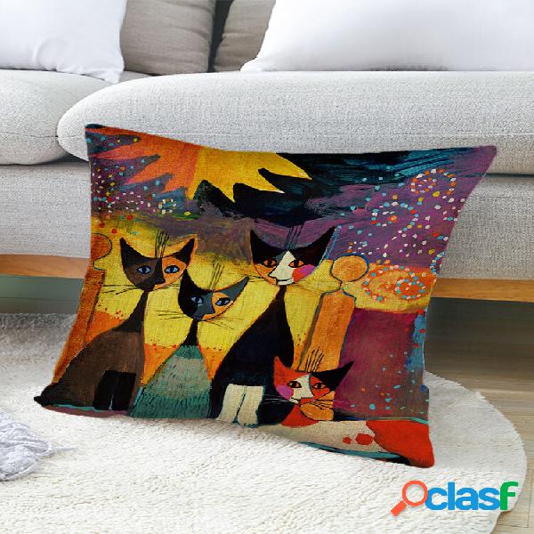 1PC Linen Abstract Cartoon Cat Colorful Sofa Bedside Car