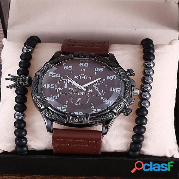 3 Pcs/Set PU Alloy Men Trendy Large Dial Watch Decorated