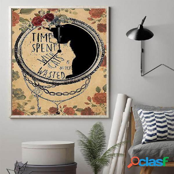Black Cat And Floral Overlay Print Pattern Canvas Painting