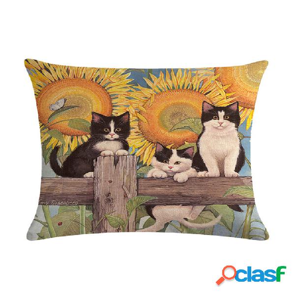 1 PC Cartoon Cat Pattern Cotton Linen Throw Pillow Cover