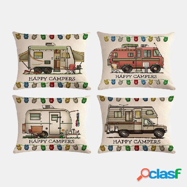 4 Pcs Vintage Cartoon Camper Van Pattern Linen Pillowcase