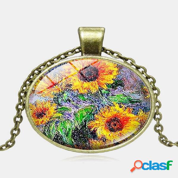 Fashion Geometric Round Sunflower Pendant Necklace