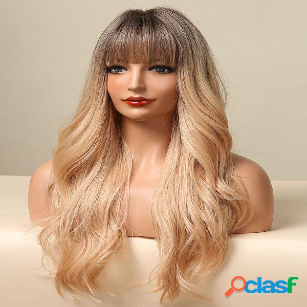 Gray-gold Gradient Color Long Wavy Curly Hair With Flush