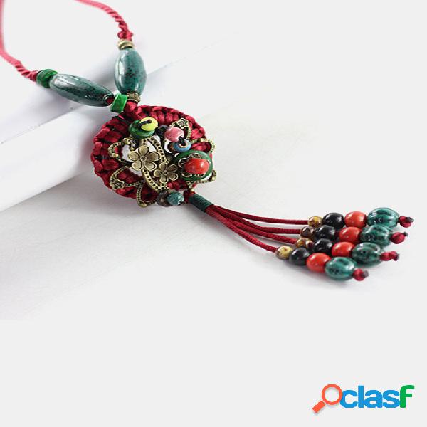 Vintage Round Flower Shape Pendant With Beaded Tassel