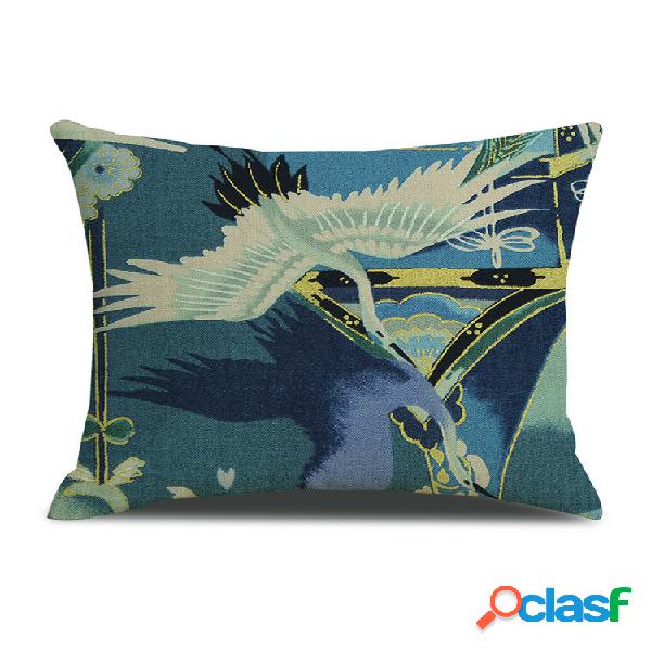 1 PC Vintage Japanese White Crane Print Linen Cushion Cover