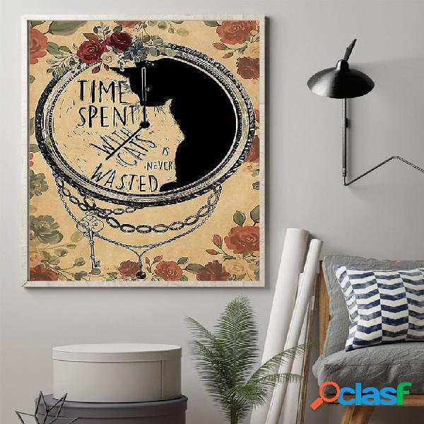 Black Cat And Floral Overlay Print Pattern Canvas Painting