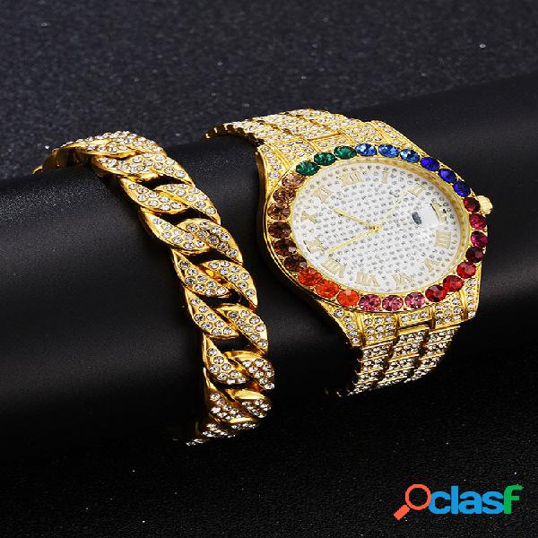 2 Pcs/Set Alloy Men Casual Full Rhinestone Watch Decorated