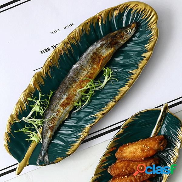 Phnom Penh Dark Green Feather Banana Leaf Plate Retro