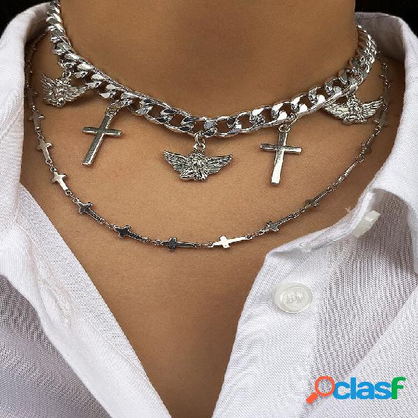 2 Pcs/Set Vintage Simple Little Angel Cross Pendant Cross