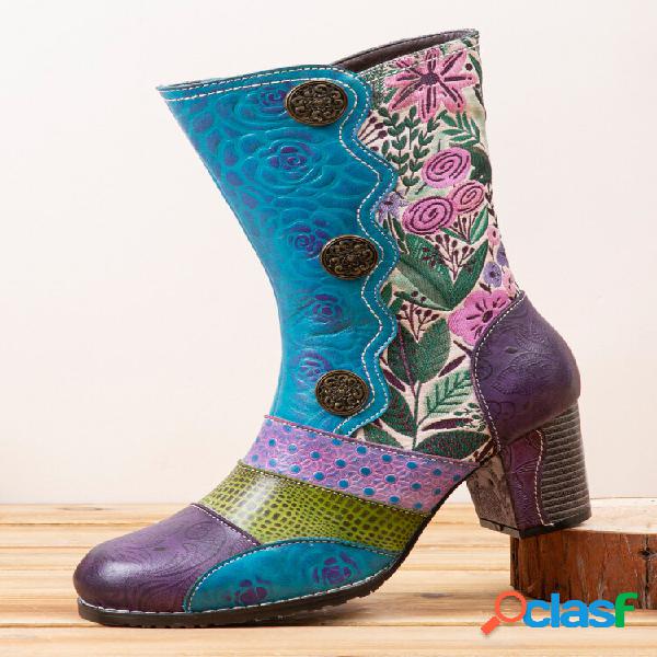 Socofy Retro Floral Embossed Leather Patchwork Buckle Decor