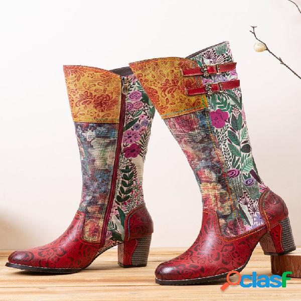 Socofy Retro Floral Printed Leather Patchwork Buckle Design