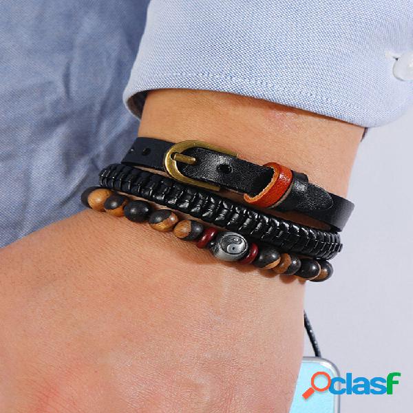 Pulseiras de cordão trançado trançado com contas de couro