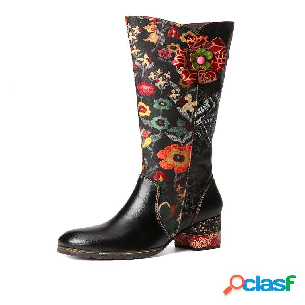 Botas de cano alto Socofy Decoração Floral Retro Pele de