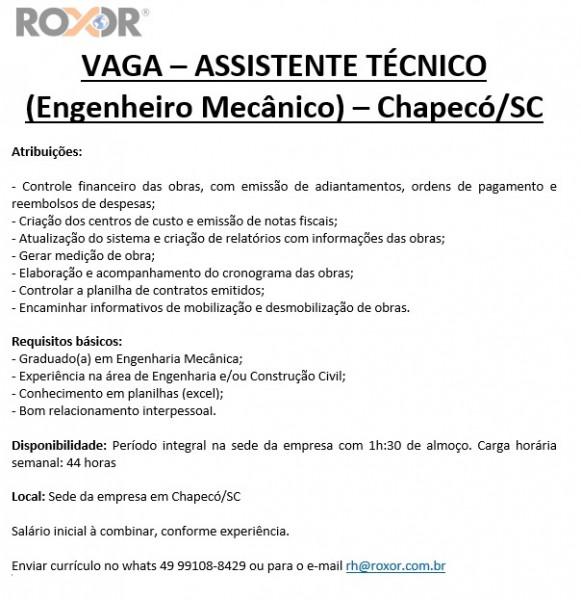 Vaga de Engenheiro Mecânico - Chapecó/SC