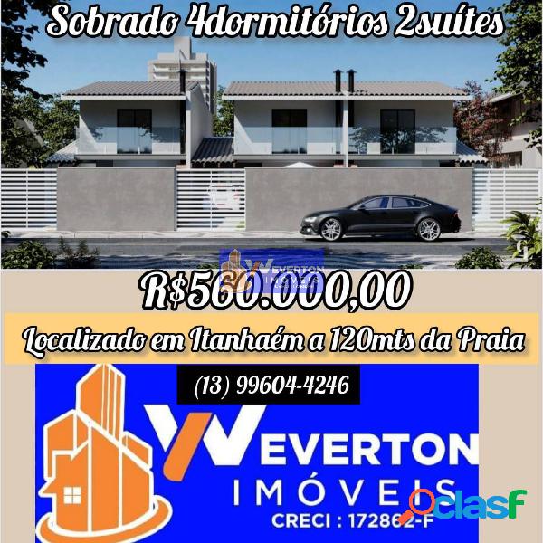 Sobrado 4dorm.(2 suítes) R$560.000,00 em Itanhaém na