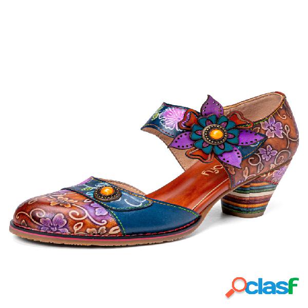 Sapatos Socofy Couro Vintage Floral Em Relevo Conforto Mary