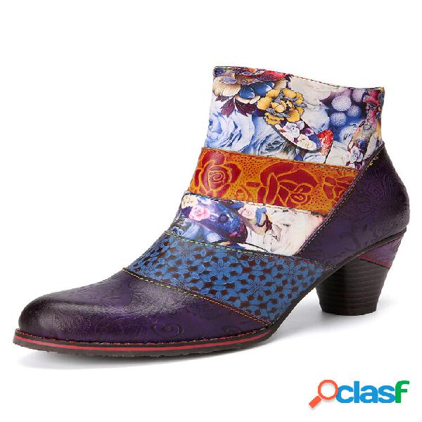 Socofy Color Block Estampa floral Patchwork de couro em