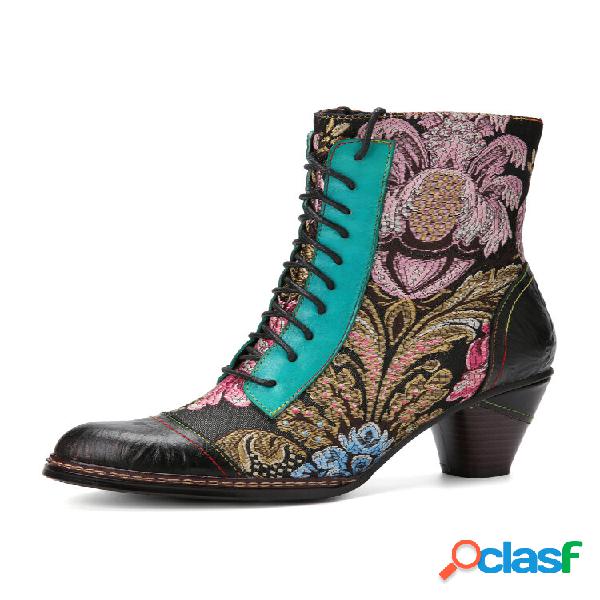 Socofy Retro Calico Bordado Couro Patchwork Lace Up