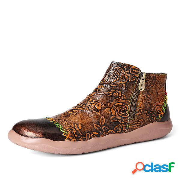 Socofy Retro Embossing Floral Couro Lateral Zip Soft Botas