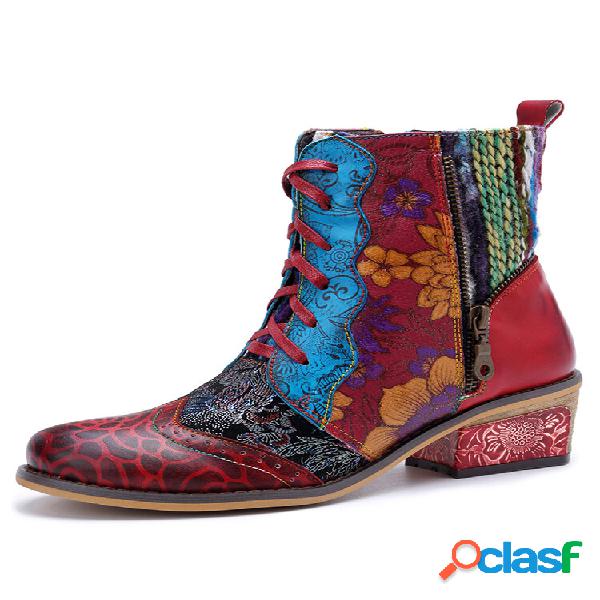 Socofy Vintage Floral Color Block Couro Patchwork Lã Zip