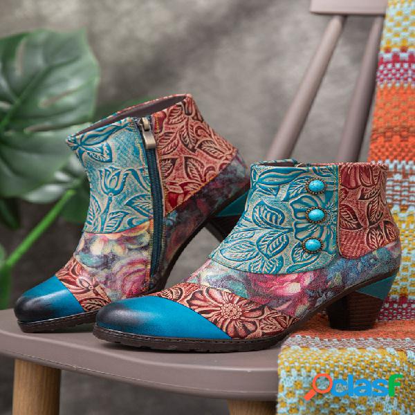 Socofy Retro Floral Hand Made Soft Botas de Salto