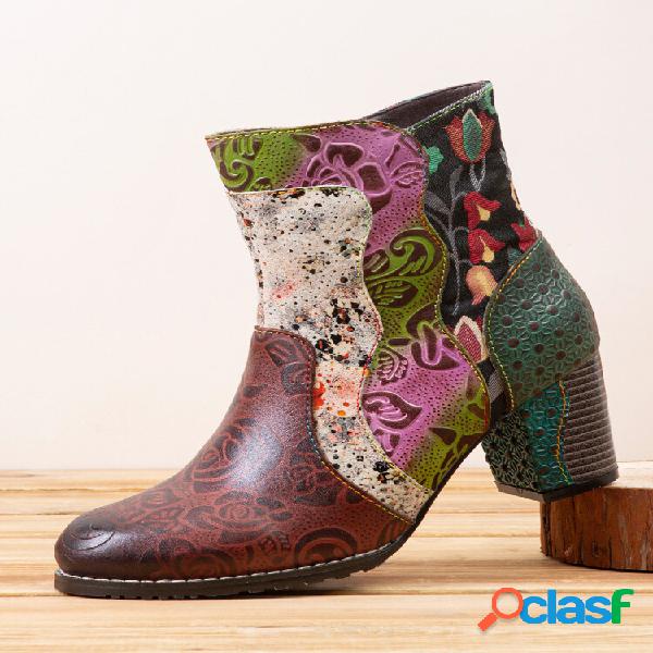 Socofy Retro Floral Couro Patchwork Lateral Zipper Soft