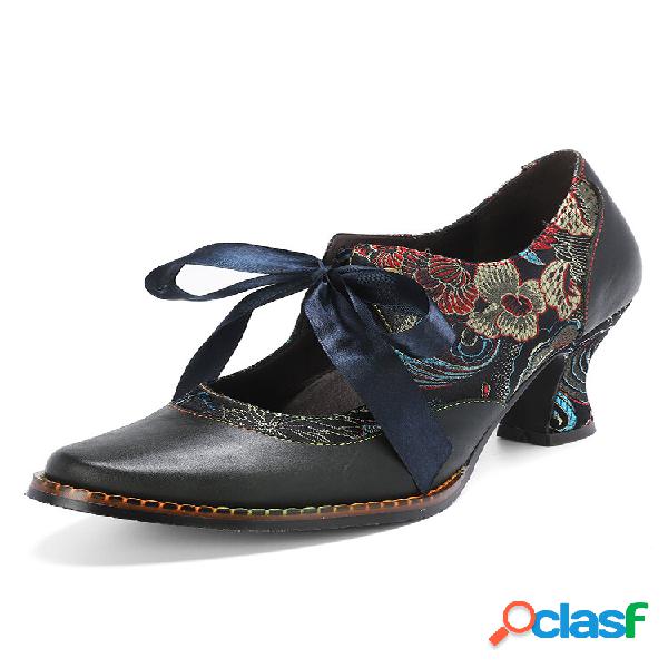 Socofy Vintage Couro Lace-up Bordado Patchwork Confortável