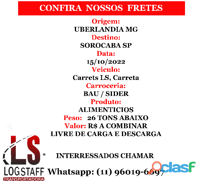 FRETE Uberlandia MG x Sorocaba SP