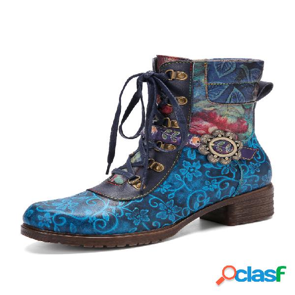 Socofy Retro Floral Print Couro Genuíno Patchwork Lace Up
