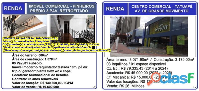 IMÓVEL COMERCIAL EM PINHEIROS E TATUAPÉ, DADOS NAS FOTOS!